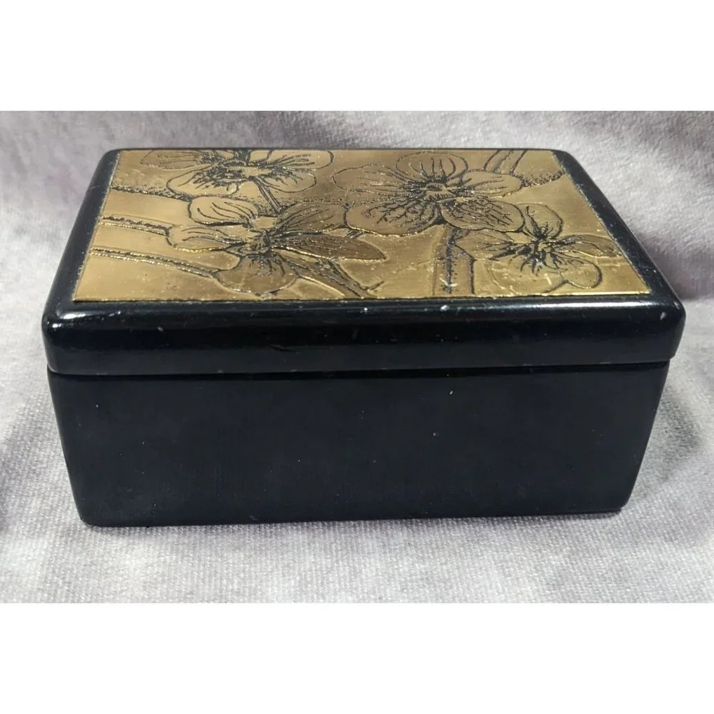Vintage Floral Lidded Black And Gold Trinket Box